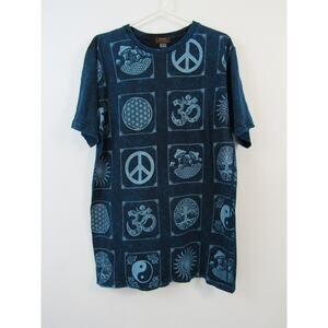 NWT Rising International Blue Washed Block Symbols Tee Shirt Men's Unisex